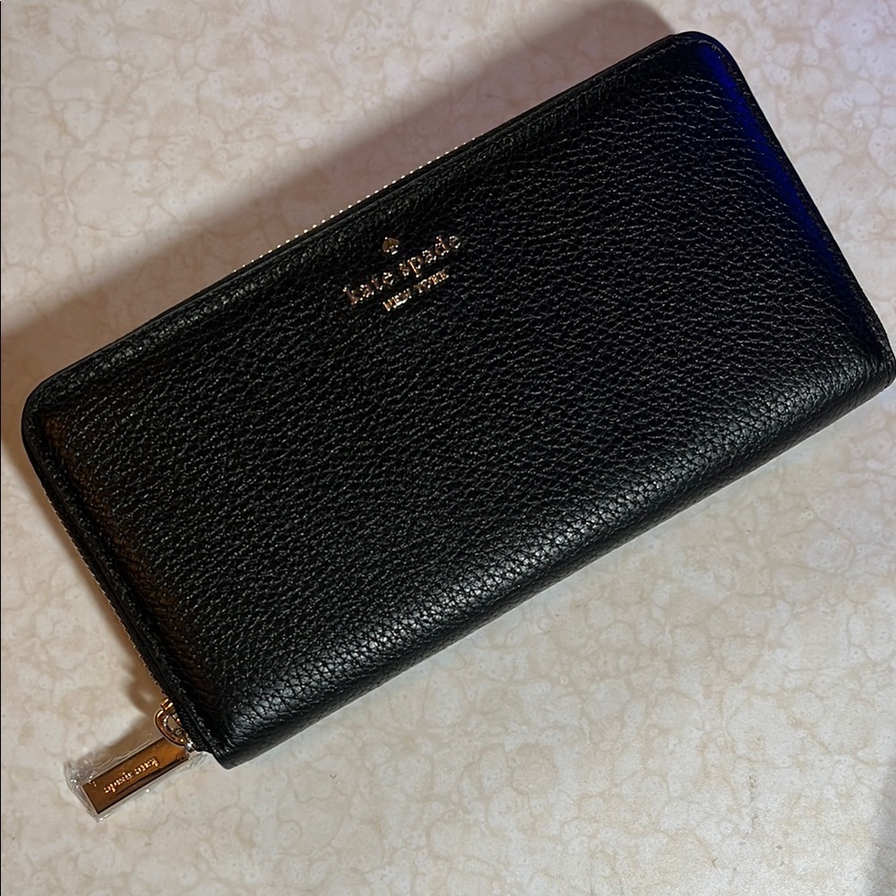 Kate Spade Black Textured Wallet Five 7.5” Compartment Slots & One Zipper Pocket